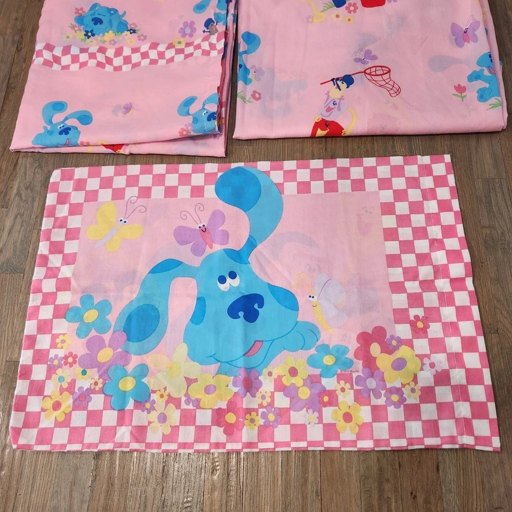Vintage Y2K Blues Clues Pink Bed Set Twin Fitted Sheet Flat Sheet Pillowcase